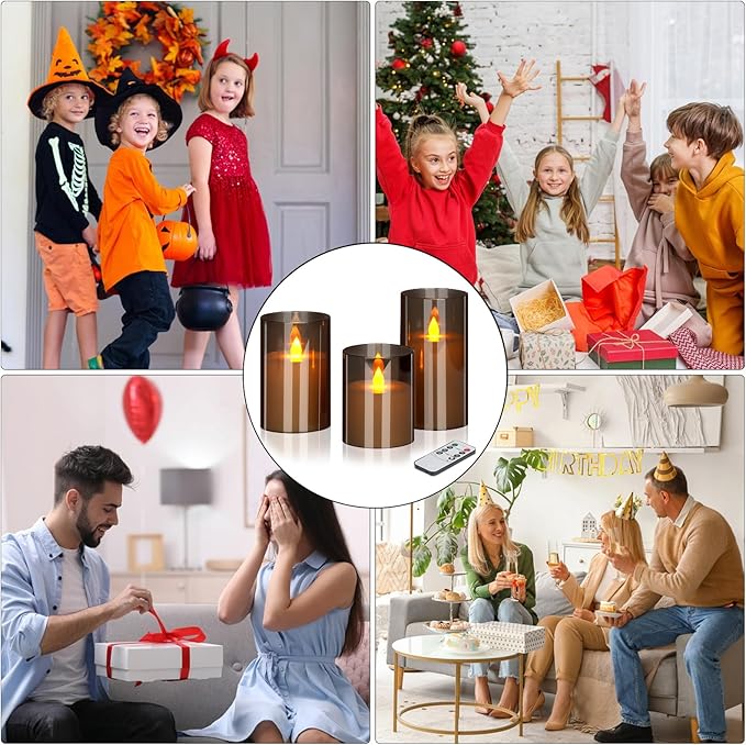 Flameless Candles 4" 5" 6" Set of 3 Acrylic Glass Pillars 3" Diameter Battery Operated Flickering Candles Include 8-Key Remote with Timer Function 400+ Hours (Gray, 3 Pack)