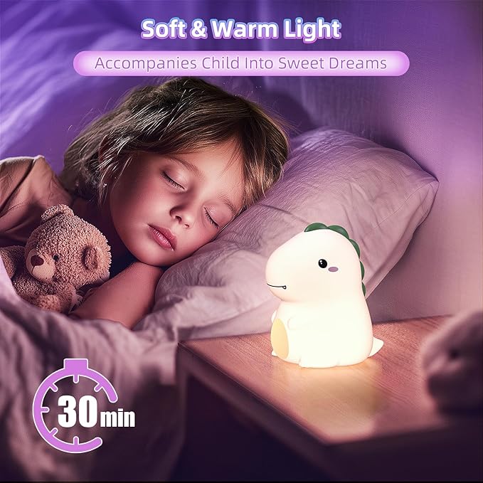 Dinosaur Kids Night Light, 16 Colors Silicone Nursery Touch Lamp, 3 Level Dimmable Squishy Nightlight, Cute Touch Bedside Lamp, Rechargeable Dino Room Decor Gifts for Baby Toddler Boys Girls