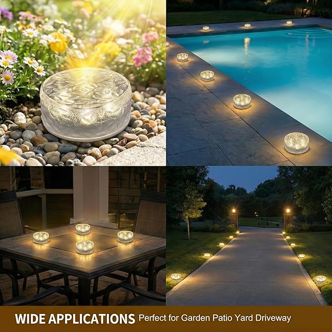 Solar Brick Lights Outdoor Waterproof - Recessed Solar Paver Lights, Ice Brick Design, No Wiring Needed,Landscape Lighting for Pathway,Garden, Patio, Yard, Driveway Decor (8, Warm White, Round)