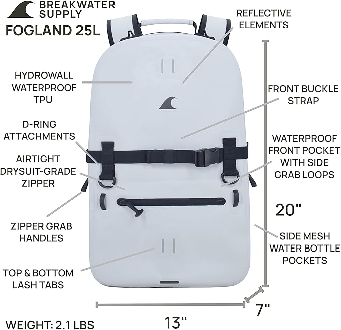 Breakwater Supply™ Waterproof IP68 Submersible Backpack with Airtight Zippers | Laptop Travel Outdoors | Fogland 25L 20L 15L | 100% Waterproof, Submersible, Airtight Zippers, Travel Outdoors