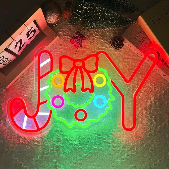 Christmas Neon Sign Christmas Joy Neon Light Signs Wreath Light Sign for Wall Decor Dimmable USB Powered LED xmas Candy Light Up Sign for Bedroom Living Room Holiday Parties Festival Bar Shop