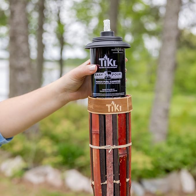 TIKI 60-Inch Bamboo Torches (4-Pack) – Natural Outdoor Torches with Easy Pour Canisters, Long-Lasting Fiberglass Wicks & Snuffers – Patio, Garden, Lawn & Backyard Decor – Walnut/Pecan Finish