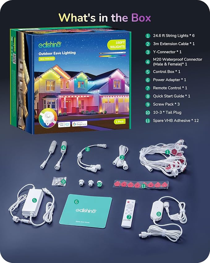 EDISHINE 150ft Cuttable Outdoor Permanent Christmas Lights Pro, 90 LED Smart RGB+IC+Warm White House Eave Light, App/Remote, 111 Scene Modes IP67 Waterproof for Daily Decor, Alexa Google Enable