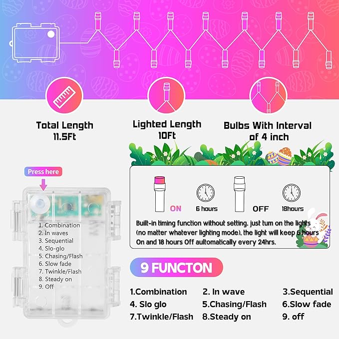 30 LED Easter String Lights - 11.5Ft Pastel Colored Battery Mini Light with 8 Modes, Timer, Waterproof - Fairy Christmas Lighting for Outside Tree Bedroom House Party Garland Decorations - White Wire