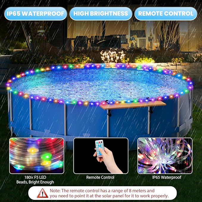 65ft Solar Pool Lights for Above Ground Pools, 180 LEDs Remote IP65 Waterproof Rope String Lights, 8 Color Modes, Swimming Frame Pool Decor Accessories for Outdoor Outside Trampoline Camping