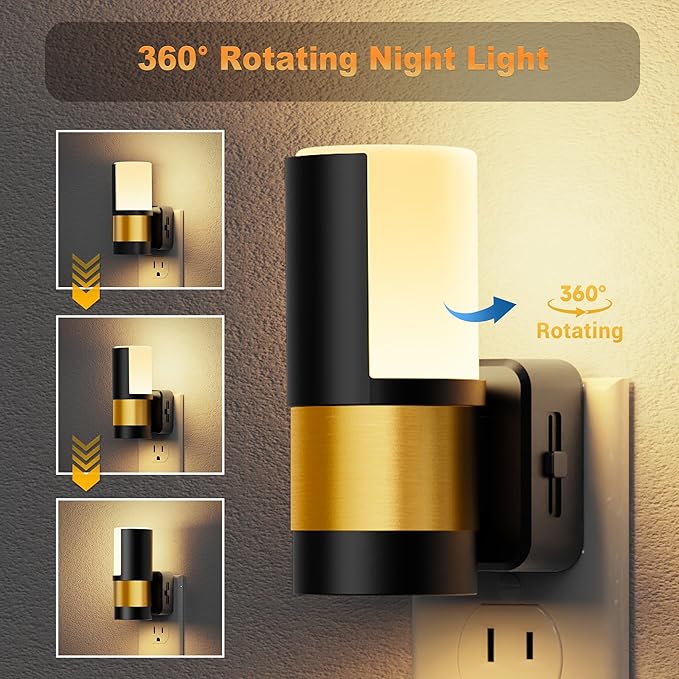JandCase Plug in Night Light, Rotating Night Light with Dusk to Dawn Sensor, Dimmable 0-100LM Adjustable Brightness, 360°Rotatable, LED Warm White Nightlight for Bathroom Bedroom, 2 Pack