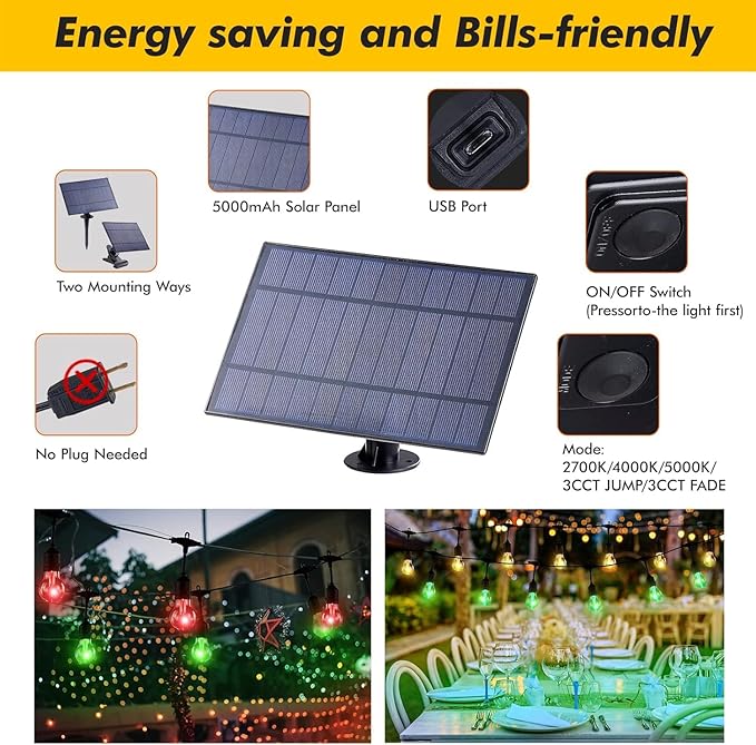 144FT Solar Outdoor String Lights, 45 Shatterproof E26 Edison LED Bulbs, IP65 Waterproof Dimmable RGB Color Changing Patio Lights with 8 Modes & Remote for Garden, Cafe