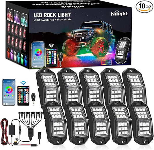 Nilight RGB LED Rock Lights Kit 10 PCS 18LED Wide Angle Wheel Well Light with Remote & Bluetooth App Dual Control Multi Modes Underglow Multicolor Neon Pod for ATV UTV SUV Offroad Truck RZR Boat