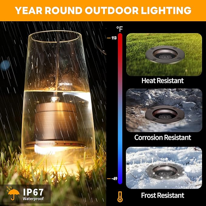 Gardenreet Low Voltage Well Lights for Landscaping - Brass IP67 Outdoor In-Ground Light, 12V LED Hardwired Landscape Lighting, Antique Bronze for Pathway Tree Lawn Without MR16 Bulb (8 Pack)