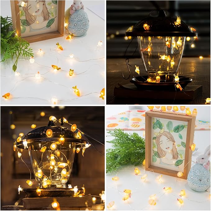 EAMBRITE Set of 2 Easter Lights for Easter Decorations 10Ft 60 LED Easter Fairy Lights Eggs Chick & Carrot Bunny String Lights Battery Operated Set with Timer for Spring Indoor Decor Home Party Tree
