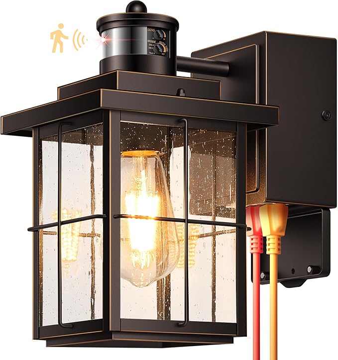 Gleamz Motion Sensor Front Porch Light with Outlet, Oil Rubbed Bronze Outdoor Light with GFCI Outlet, Exterior Sconce Light with Adjust Sensitivity, Garage Lights Wall Lantern for Coach, Balcony, Home