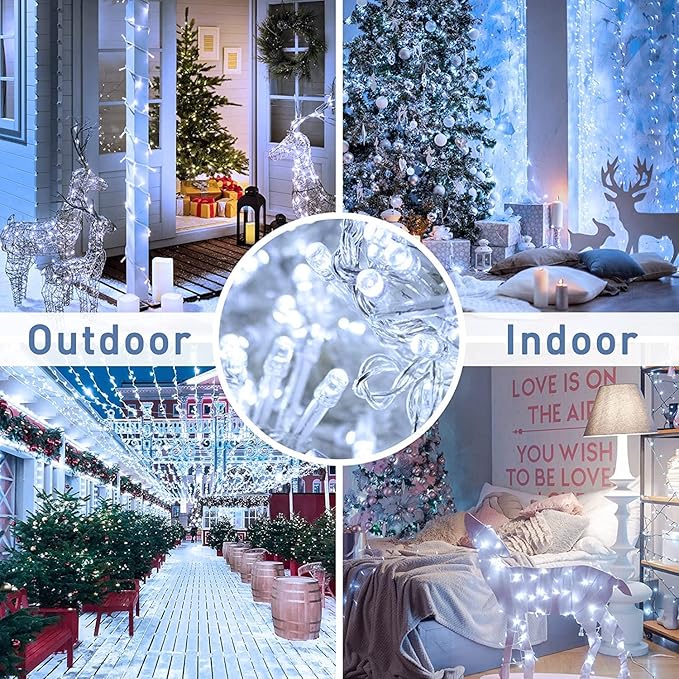 FULLBELL 33ft 100 LED Memory Pure Wire String Lights, Indoor/Outdoor, White (100LED), 5W, 125V, 3000K, Water Resistant, Christmas, Birthday, Wedding, Modern Style