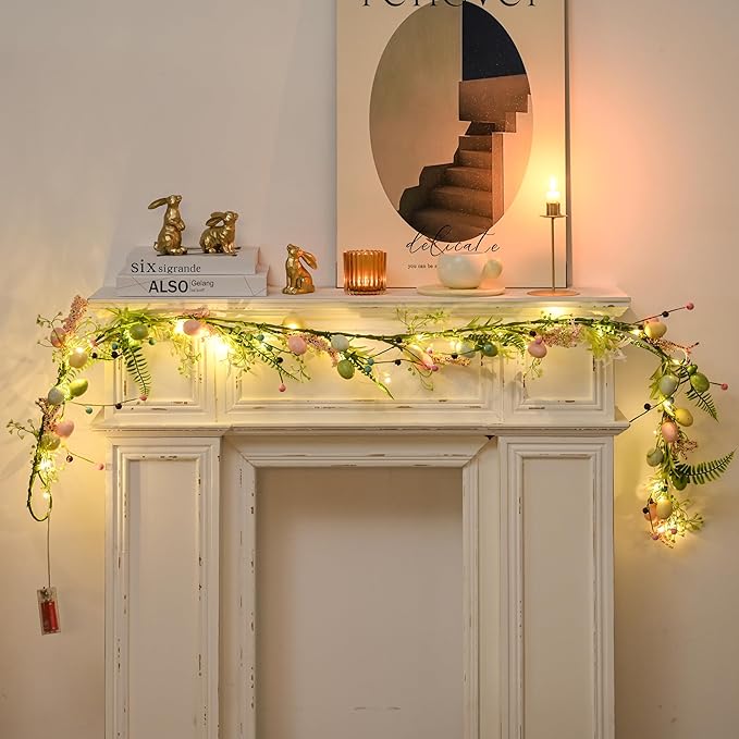 [Timer] 6 FT Lighted Easter Garland, Easter Decorations for Home, Easter Egg Garlands Spring Fireplace Mantel Decor, Spring Garland with 30 LED Warm Light for Home Indoor Decor