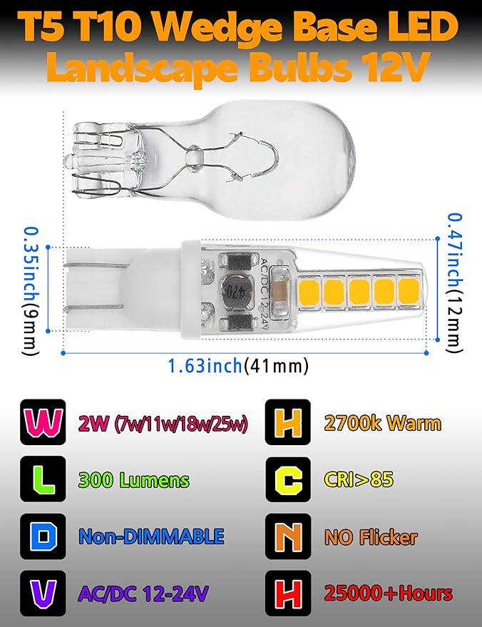 T5 T10 Wedge Base LED Landscape Bulbs 12 Volt Low Voltage 2W 300lm, DC10-30V/AC12-24V 2700K Warm White for Outdoor Landscape Path Deck RV Camper Lights, 10 Pack