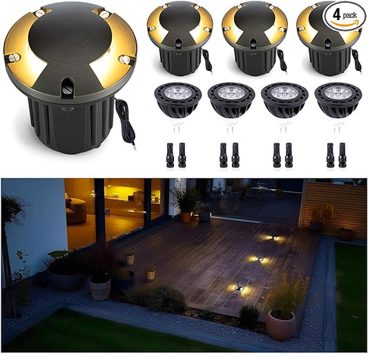Gardenreet Well Lights Landscape LED - Brass Replaceable Bulb Ip65 Low Voltage In-Ground Lighting, Wired 12V Directional Fixture, Antique Bronze for Patio Lawn Yard with 5000K Daylight White MR16 Bulb