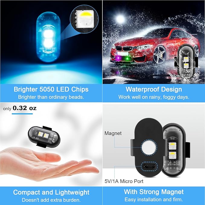 PIFOOG Wireless Led Strobe Lights for Car Motorcycle Remote Control RGB Anti Collision Light Mini USB Rechargeable Magnetic Warning Strobe Flashing Lights 4PCS