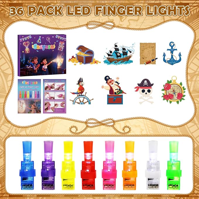 36 Pack Pirate Party Favors LED Finger Lights, Light up Pirate Toys for Kids, Goodie Bag Stuffers Treasure Chest Classroom Rewards, Birthday Party Games Gifts