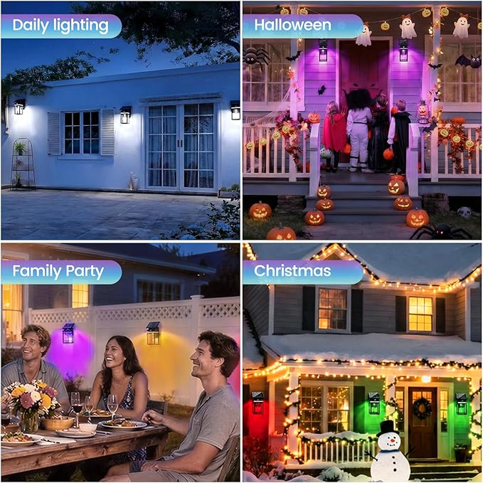 2 Pack RGB Solar Wall Lights Outdoor, Dusk to Dawn & Motion Sensor Porch Light with Lantern Shape, 10 Modes (RGB Cycle/Fixed) IP65 Waterproof, E26 Bulb Exterior Sconce for Front Porch, Garage, Patio