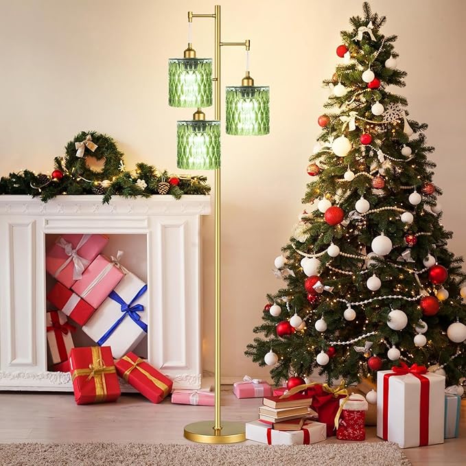Gold Floor Lamp for Living Room Bedroom,3 Lights Vintage Tree Floor Lamps with Green Glass Shades,Mid Century Modern Floor Lamp for Corner Office,68IN Unique Tall Standing Lamp with Bulbs