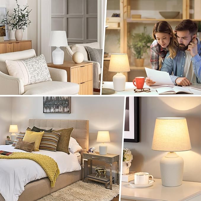 Sucolite Small 11.8'' Table Lamps Set of 2, Bedside Nightstand Lamps for Bedroom Kid’s Room, Cute Desk Lamps with Studded Texture Base for Reading Nursery Living Room Office, White & Beige