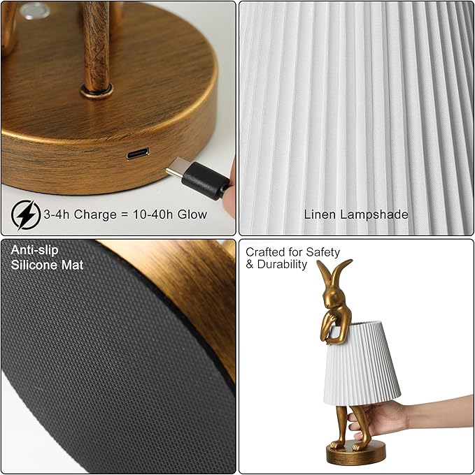 YHT Bunny Table Lamp, Cute Animal Rabbit Lamp,Bunny Lamp,15.7" Vintage LED Desk Light with Linen Lampshade, for Bedroom, Study Room, Office, Nursery, Home Decor (Light Gray)