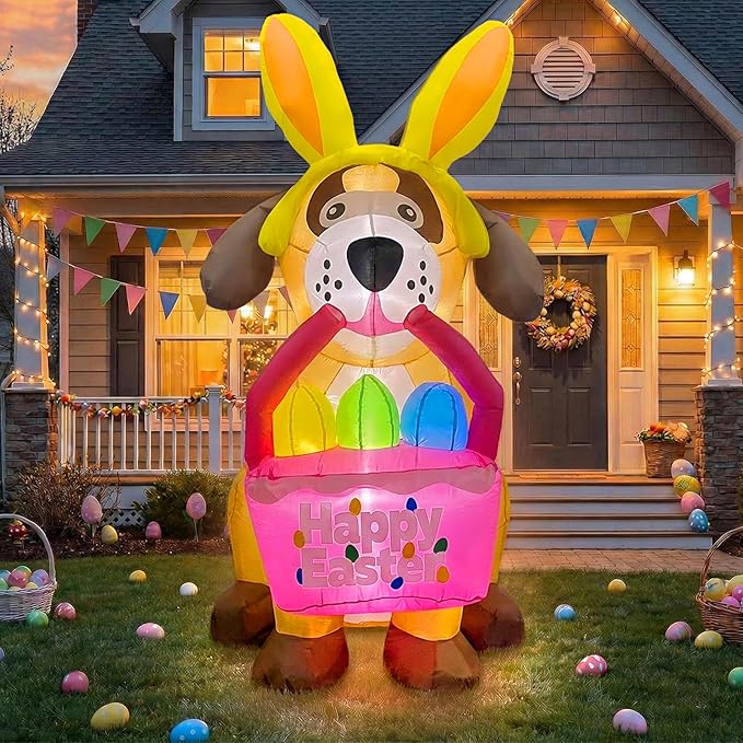 6 FT Easter Inflatables Dog Outdoor Decorations with Bunny Ears, Blow Up Easter Dog Holding Eggs Basket with Build-in LED Lights, Giant Spring Holiday Inflatable Yard Decor for Lawn Garden