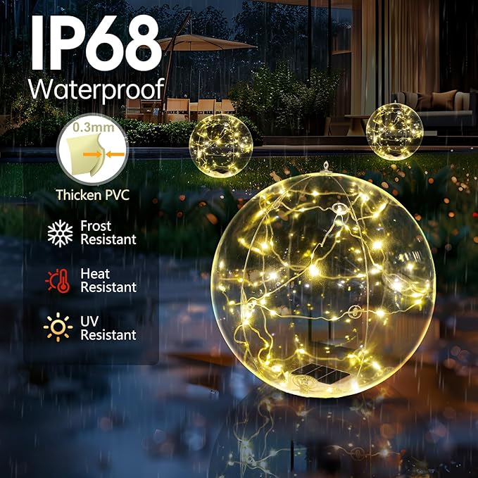 Floating Pool Lights, 15 Inch Warm White Solar Pool Light That Float, IP68 Waterproof Inflatable Light Up Pool Balls, Float or Hang Solar Floating Lights for Pool, Wedding, Party Decor - 2PC