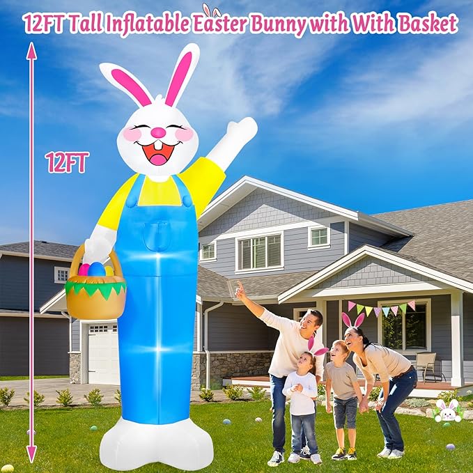MICOCAH 12Ft Tall Giant Easter Inflatables Outdoor Decorations Lighted Inflatable Bunny Holds Easter Eggs Basket, Built in LEDs Rabbit Blow Up Yard Decor for Outside Lawn Garden Spring Holiday Party