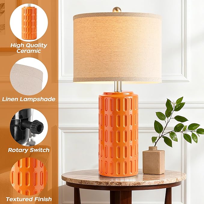 PARTPHONER 23" Farmhouse Modern Ceramic Table Lamp Set of 2 - Orange Bedside Lamps for Bedroom & Living Room, Nightstand, Desk, End Table