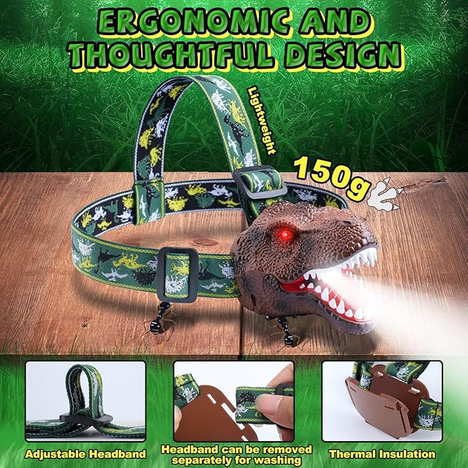 Dinosaur Headlamp for Kids Flashlight Rechargeable Led Headlights Roar & Silent Mode, T-Rex Dinosaur Toys for Kids 3-5 4-6 5-7 6-8, Camping Gear, Easter Gifts for Boys Girls Adults