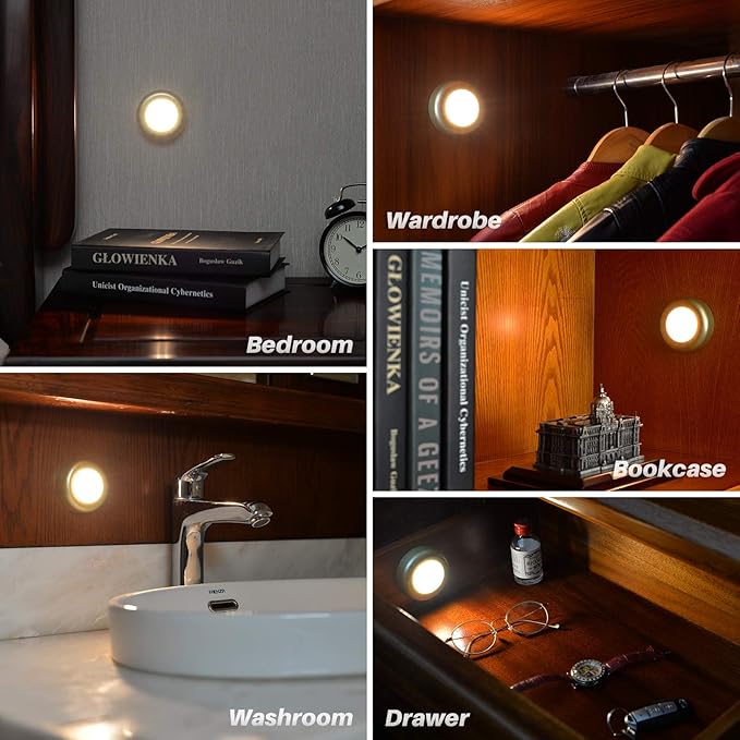 STAR-SPANGLED 5 Pack 2.8” Push Tap Lights, Stick on Touch Puck Lights AAA Battery Operated, LED Sticky Button Lamps for Classroom, Kitchen, Under Cabinet, Closet (Golden, Warm White)