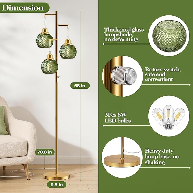 QiMH Modern Floor Lamps for Living Room, Standing Lamp with 3 Lights, 68" Tall Lamp for Bedroom, Green Vintage Glass Lamp with Stepless Dimmable for Home Decor, 3 LED Bulb Included, Brushed Gold