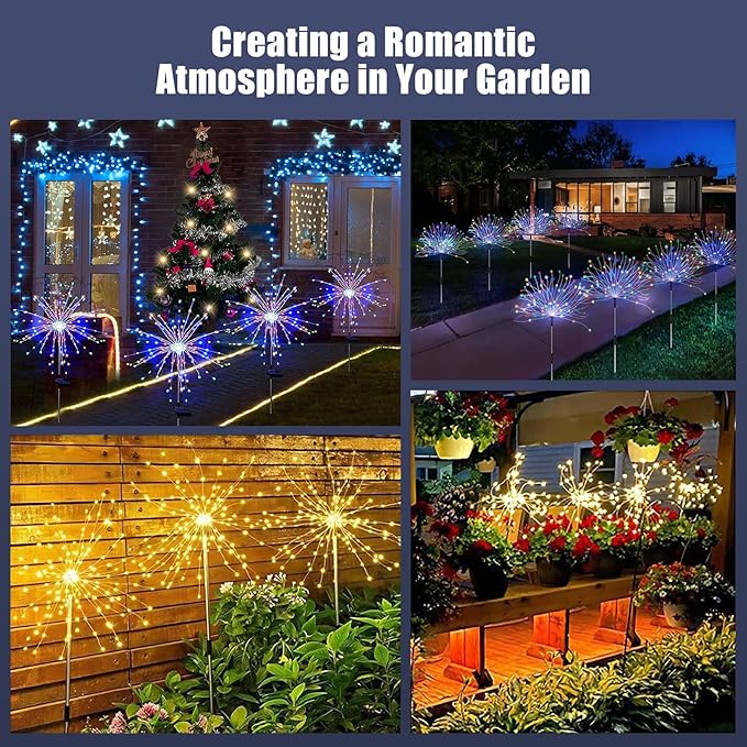Outdoor Solar Garden Lights, 120 LEDs 8 Lighting Modes Waterproof Solar Fireworks Light Sparklers for Patio Walkway Yard Courtyards Pathway Christmas Party Decorations, Colorful(2 Pack)