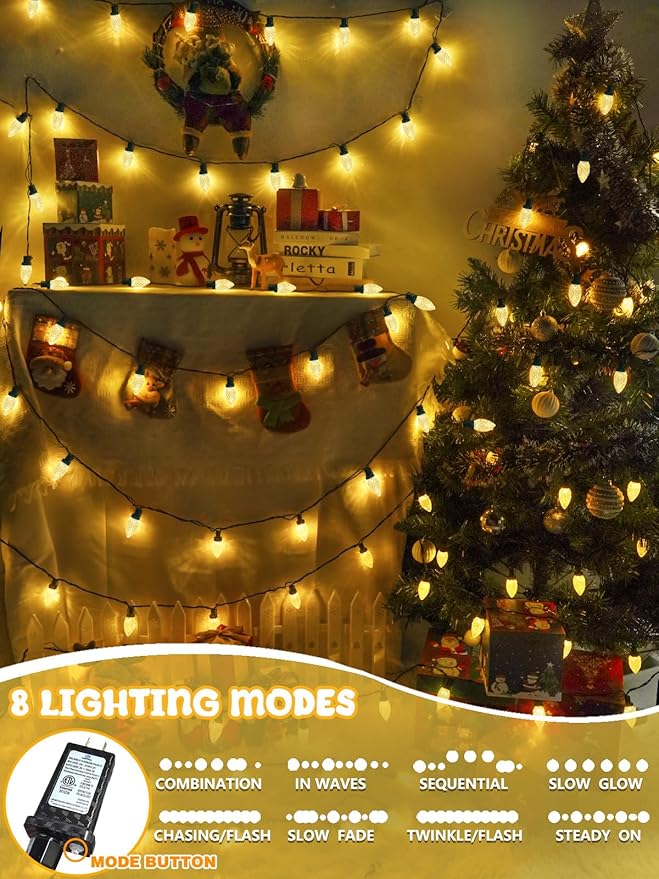 2-Pack C9 Christmas String Lights Plug in, 66 FT 100 LED Christmas Lights Connectable with 8 Modes & Timer, Waterproof Fairy Twinkle Light Indoor Outdoor for Xmas Tree Yard Decorations (Warm White)
