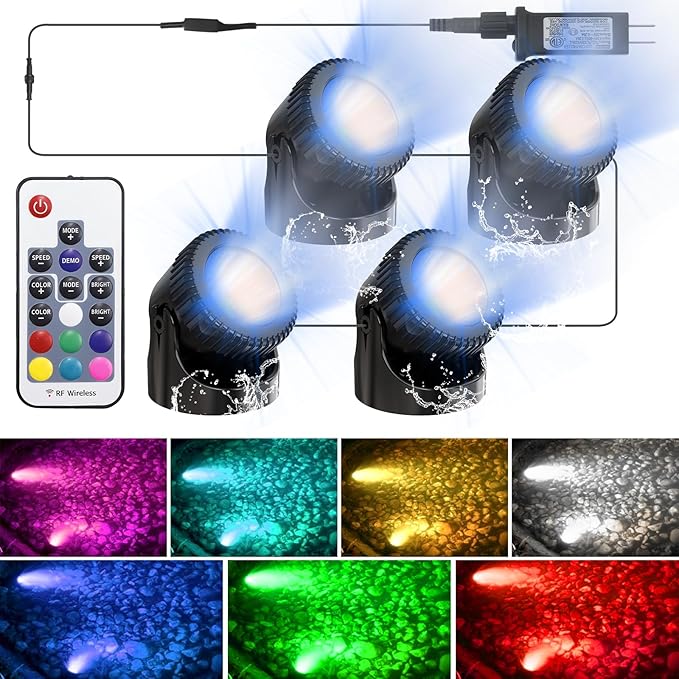 RGB Underwater Pond Lights, 20 Colors Dimmable Submersible Led Fountain Lights with Timer, IP68 Waterproof with Remote Control for Outdoor Ponds Aquarium Garden Pool (Set of 4)