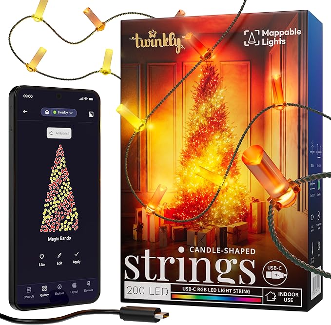 Twinkly Candies App-Controlled Candle-Shaped LED Light String with 200 RGB (16 Million Colors) LEDs. 5 Meters / 16.4 Feet. Green Wire. USB-C-Powered. Indoor Smart Home Lighting Decoration
