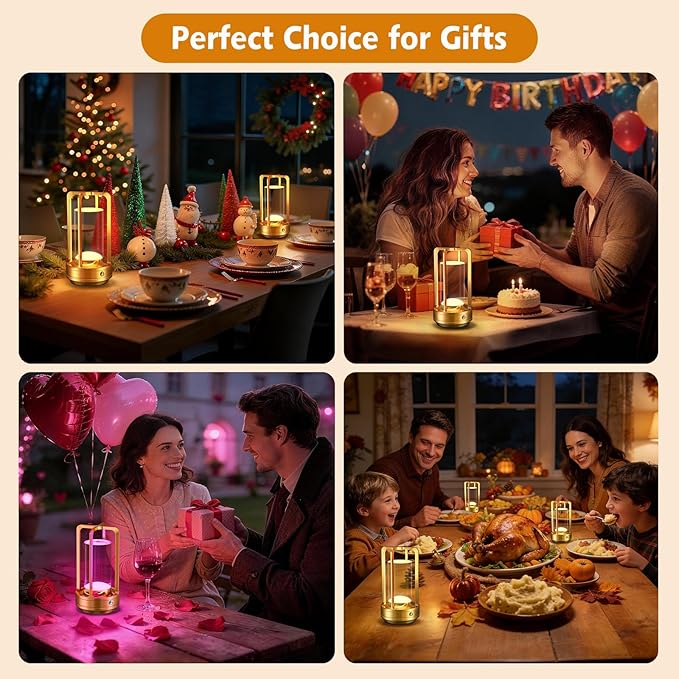 Portable Table Lamp for Outdoor Indoor: Cordless Rechargeable Desk Lamp with 3 Color Stepless Dimmable - Metal Battery Operated Lantern Light for Bedroom/Bar/Coffee Shop/Camping (Gold+RGB)
