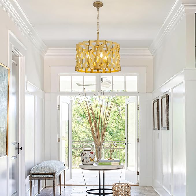 Wellmet Modern Chandelier Light,Gold Ceiling Light Fixture for Dining Room,4 Light Drum Farmhouse Geometric Pendant Light,Round Large Chandelier for Bedroom,Living Room,Cabin,Foyer,Kitchen Island 20"D