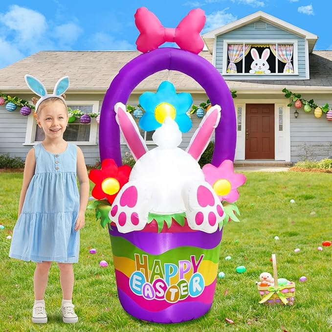6FT Tall Easter Inflatable Bunny Jumping into the Flower Basket Outdoor Decoration, Blow Up Bunny Inflatables Built-in 5 LEDs for Easter Day Outdoor Indoor Yard Garden Lawn Decor