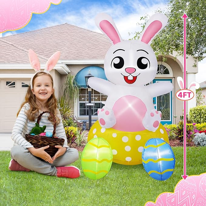 B&D 4FT Easter Inflatables Outdoor Decorations, Blow Up Inflatable Bunny Sits on Colorful Eggs Built-in LED Lights Happy Easter Yard Decorations for Holiday Party Indoor Outdoor Garden Lawn Decor