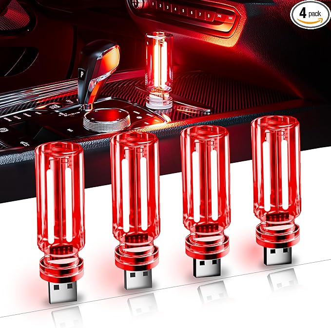 4 PCS Car USB Light Blub, Plug-in LED Ambient Lighting with Touch Dimming. The Brightness Can Be Adjusted Making It for Cars, Bedrooms, Hallways (4 Red)