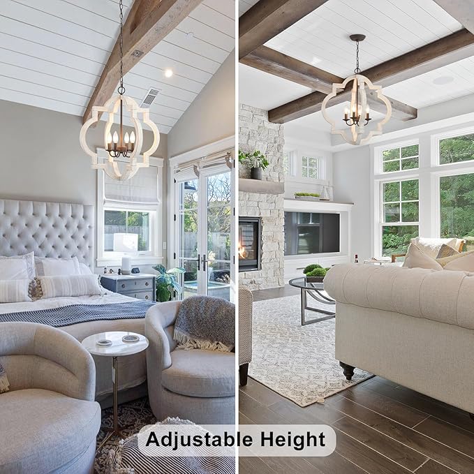 21.7" Oak Farmhouse Chandeliers for Dining Room Light Fixture Orb Distressed White Wood Pendant Light Kitchen Chandeliers over Table Ceiling Hanging Light for Island Living Room Bedroom Entryway Foyer