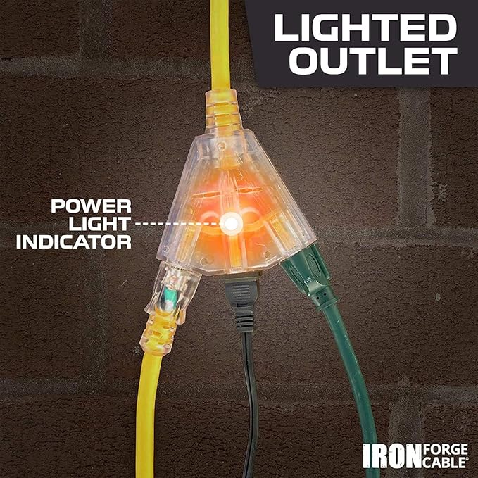 Iron Forge Cable 10 Gauge 25ft Lighted Outdoor Heavy Duty Extension Cord with 3 Outlets - 15 Amp 10/3 SJTW Yellow Extension Cord with Multiple Outlets - 2 Pack