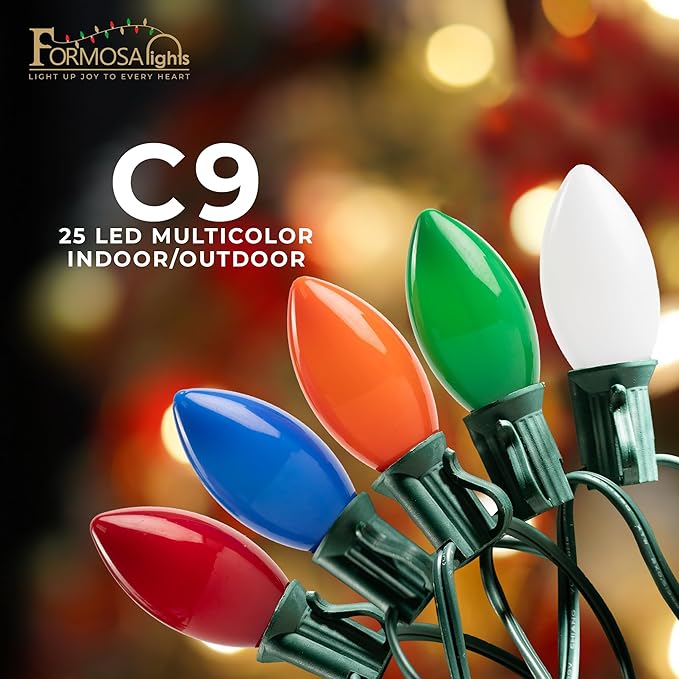 C9 26ft Indoor/Outdoor Opaque Multi-Color LED Christmas String Lights with 25 Bulbs and E17 Base | 120V, 0.6W