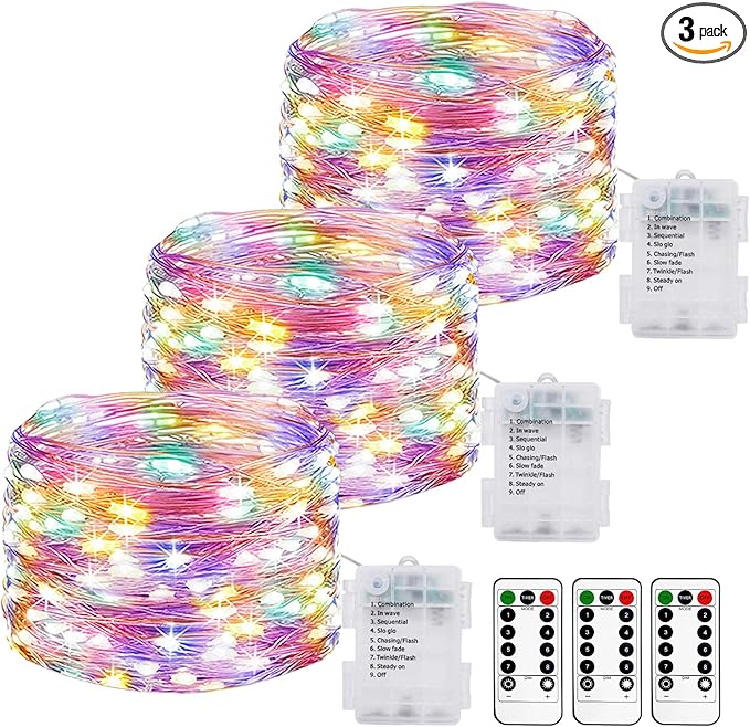 Litogo 3 Pack 33 FT 100 LED Colored Fairy Lights Battery Operated with Remote and Timer, IP65 Waterproof Twinkle Light Battery Powered 8 Mode Multicolor String Light for Indoor Outdoor Christmas Decor