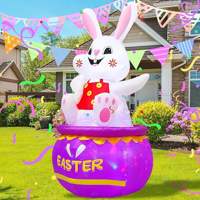 5FT Easter Bunny Inflatable Outdoor Decorations Build-in LED Lights,Cute Easter Rabbit Egg Blow Up Indoor Outdoor Decor, Spring Summer Outdoor Decor,Holiday Addition for Party,Yard,Garden, Lawn