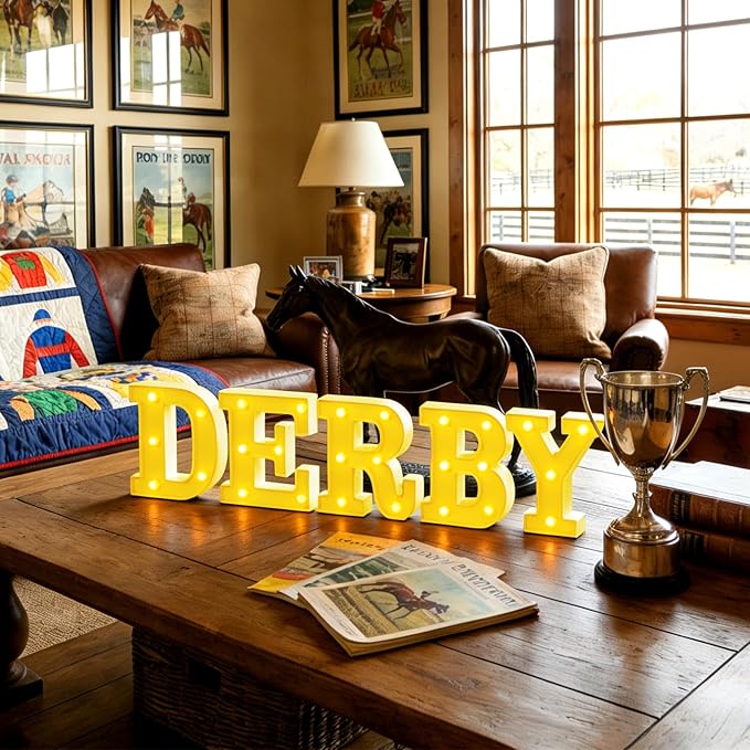7 Pcs Derby Day Decorations Derby Day Large LED Letter Sign Battery Powered Light Hanging Decor for Party Decorations Indoor Outdoor