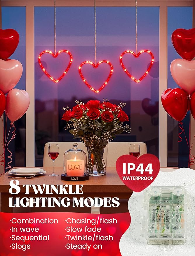 woohaha Valentine's Day Window Lights,3 30LED Heart Curtain String Lights USB/Battery Operated,Hanging Light for Indoor Outdoor Bedroom,Room,Wall,Party,Holiday,Wedding Decorations(Red)