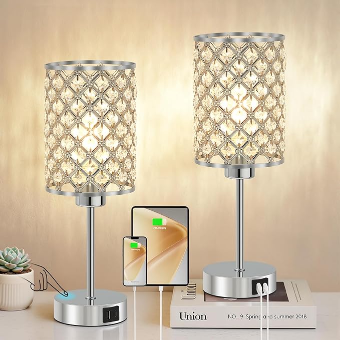 GyroVu Set of 2 Silver Crystal Touch Table Lamps for Bedroom, Dimmable Modern Bedside Lamps with USB-C & USB-A Ports, Nightstand Desk Lamps for Living Room & Home Office - Bulbs Included