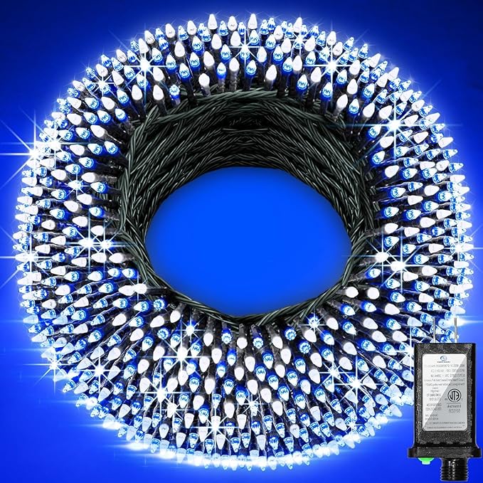 1500 LED 470FT Christmas String Lights Outdoor, 12 Pro Modes and Timer Memory & Brightness, Plug in Waterproof Dark Green Wire Twinkle Light for for Xmas Yard Tree Wedding Party Decor (Blue & White)